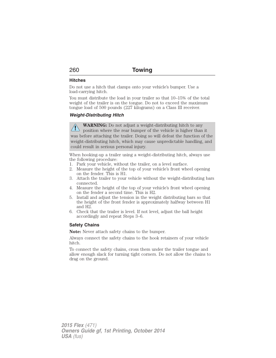 Hitches, Weight-distributing hitch, Safety chains | 260 towing | FORD 2015 Flex User Manual | Page 261 / 571