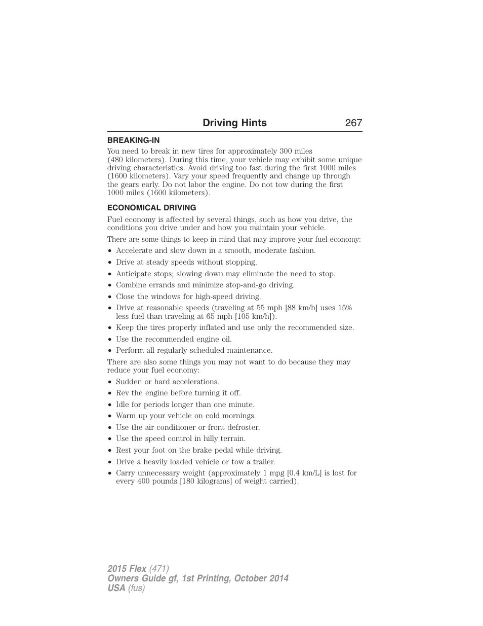 Driving hints, Breaking-in, Economical driving | Driving hints 267 | FORD 2015 Flex User Manual | Page 268 / 571