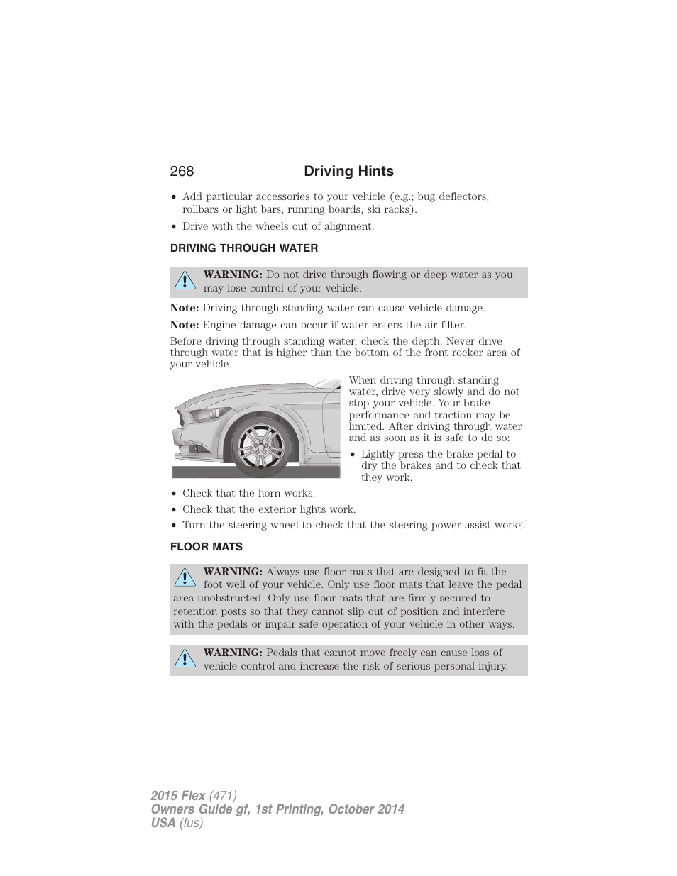 Driving through water, Floor mats, 268 driving hints | FORD 2015 Flex User Manual | Page 269 / 571