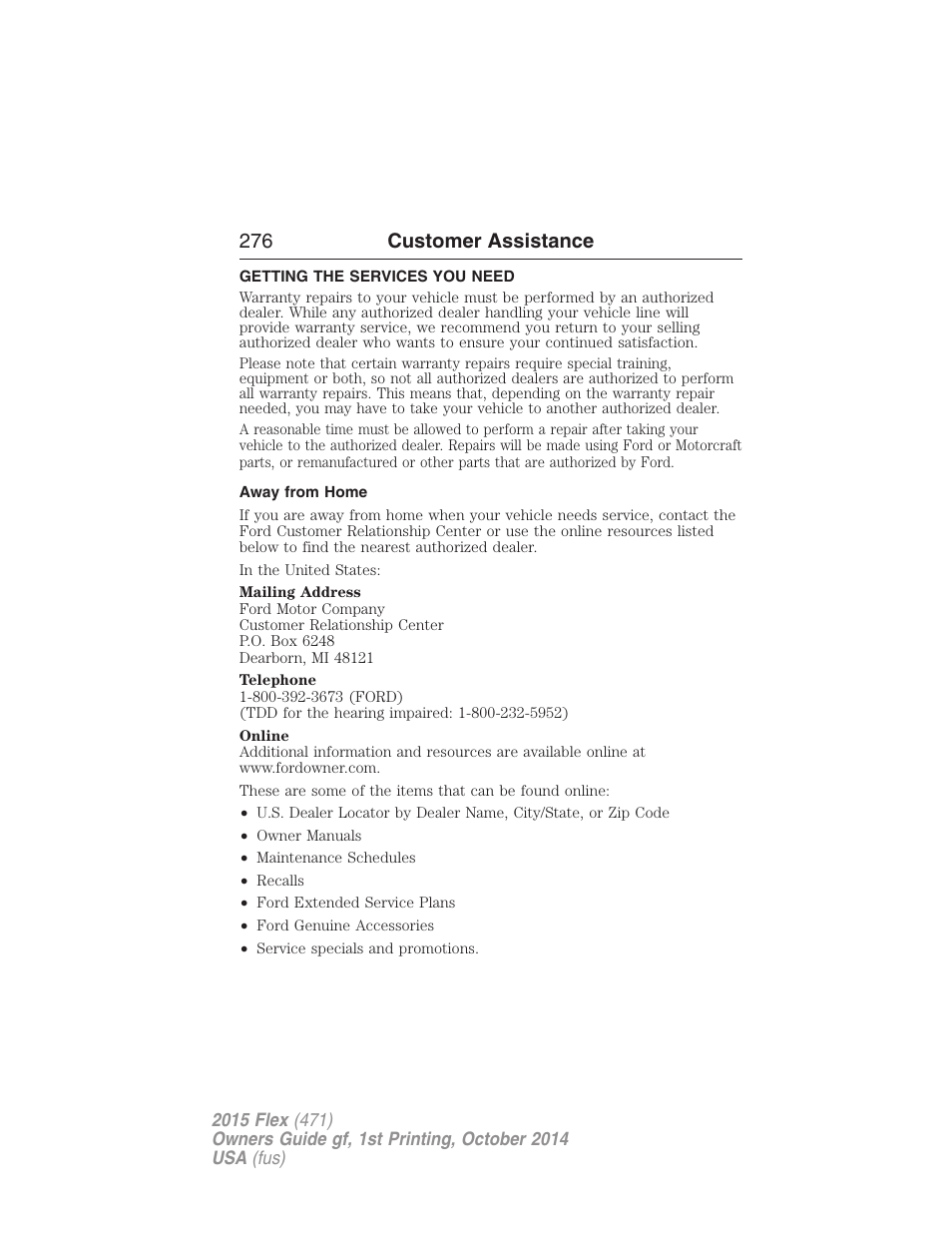 Customer assistance, Getting the services you need, Away from home | 276 customer assistance | FORD 2015 Flex User Manual | Page 277 / 571