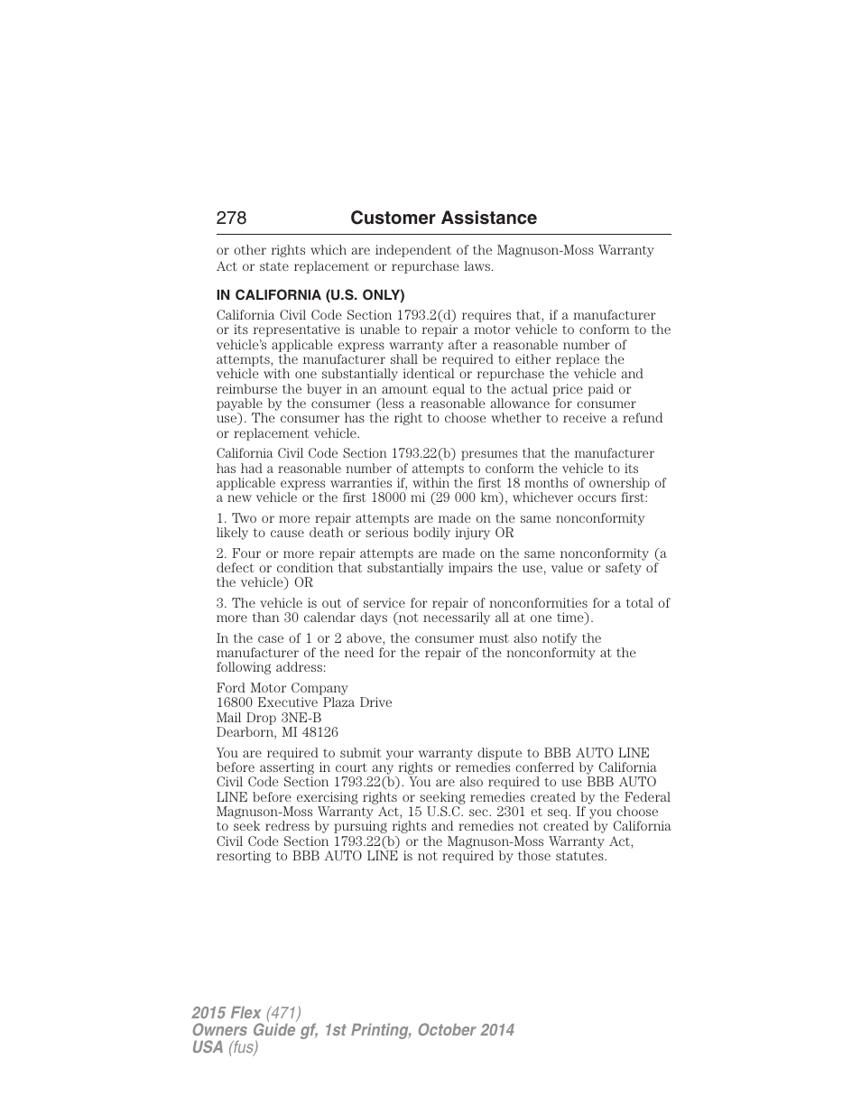 In california (u.s. only), 278 customer assistance | FORD 2015 Flex User Manual | Page 279 / 571