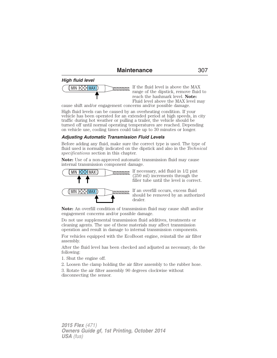 High fluid level, Adjusting automatic transmission fluid levels, Maintenance 307 | FORD 2015 Flex User Manual | Page 308 / 571