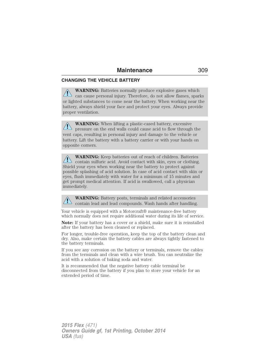 Changing the vehicle battery, Battery, Maintenance 309 | FORD 2015 Flex User Manual | Page 310 / 571