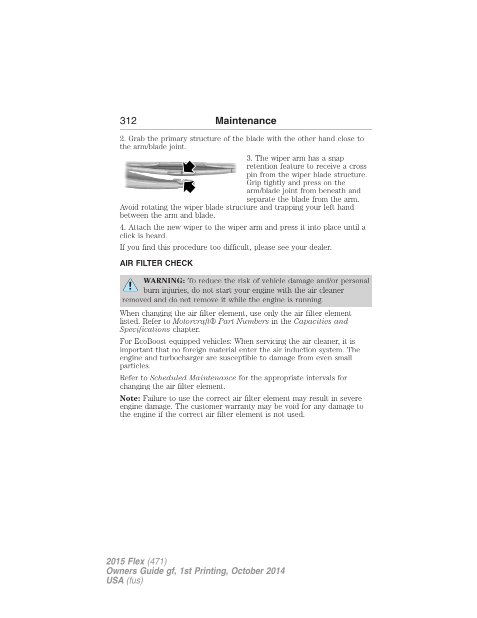 Air filter check, Air filter(s), 312 maintenance | FORD 2015 Flex User Manual | Page 313 / 571