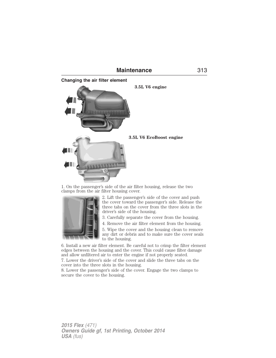 Changing the air filter element, Maintenance 313 | FORD 2015 Flex User Manual | Page 314 / 571