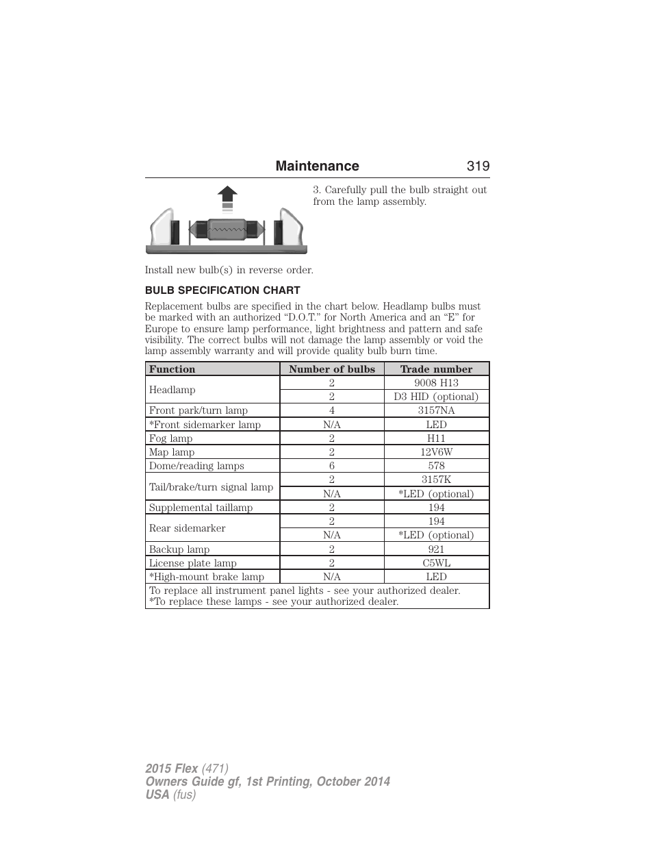 Bulb specification chart, Maintenance 319 | FORD 2015 Flex User Manual | Page 320 / 571