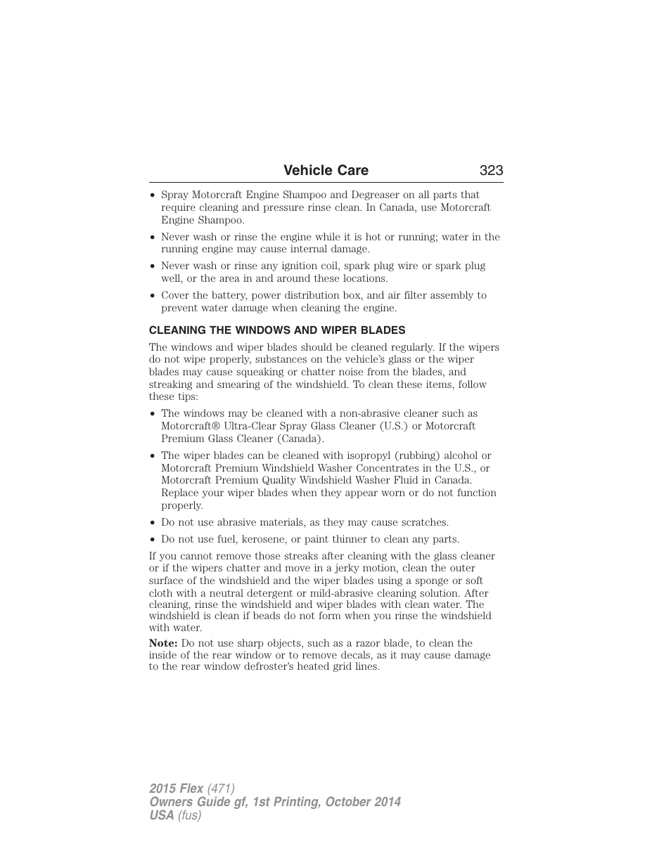 Cleaning the windows and wiper blades, Vehicle care 323 | FORD 2015 Flex User Manual | Page 324 / 571