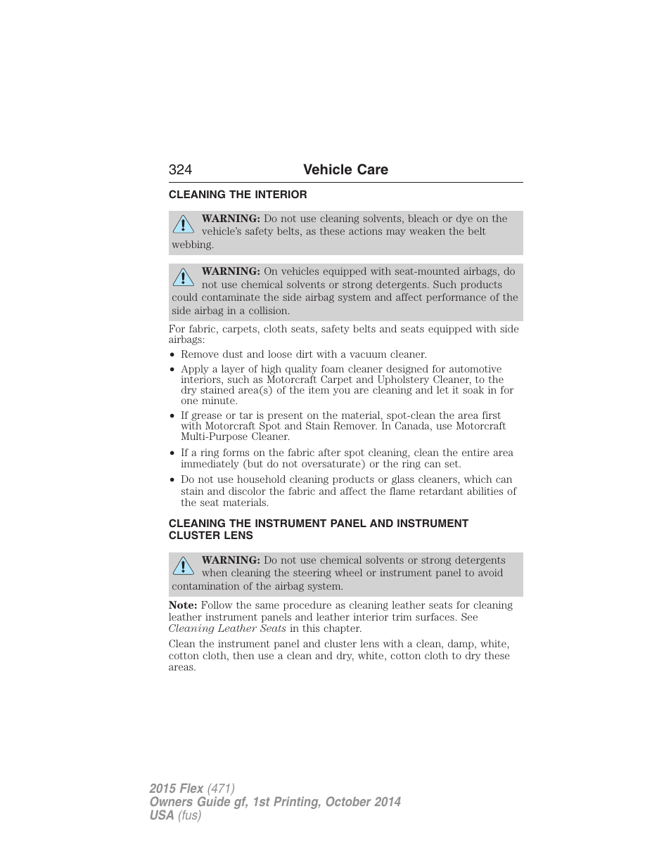 Cleaning the interior, 324 vehicle care | FORD 2015 Flex User Manual | Page 325 / 571