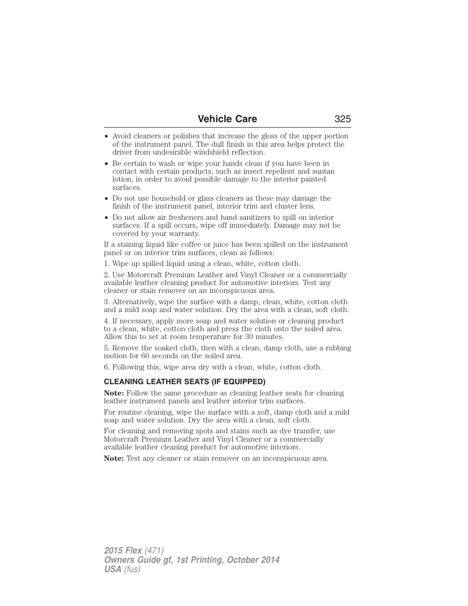 Cleaning leather seats (if equipped), Cleaning leather seats, Vehicle care 325 | FORD 2015 Flex User Manual | Page 326 / 571