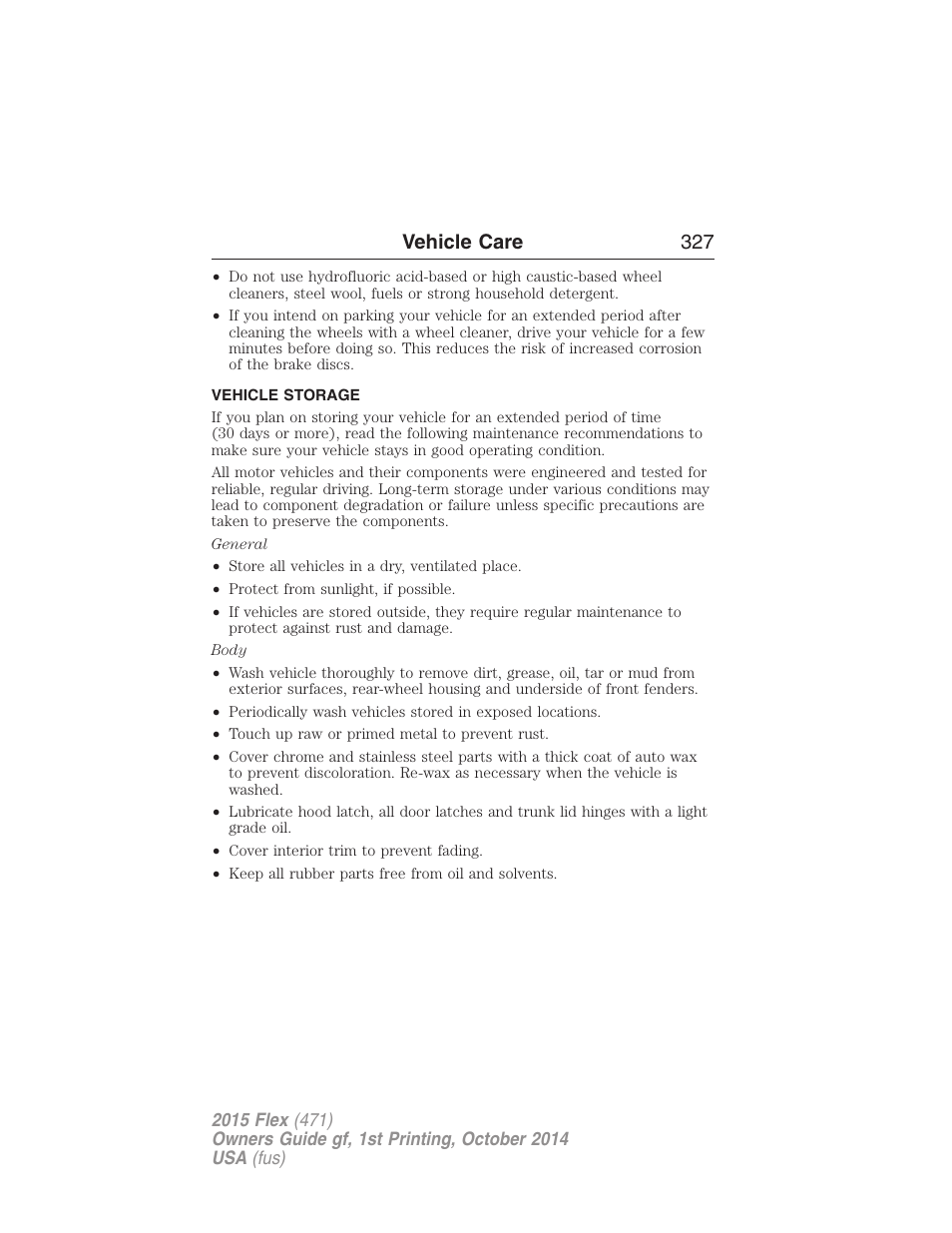 Vehicle storage, Vehicle care 327 | FORD 2015 Flex User Manual | Page 328 / 571