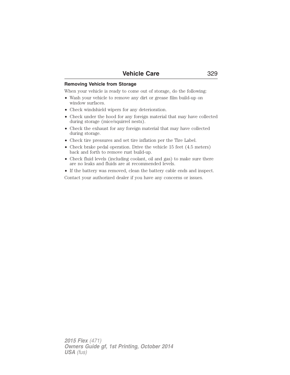 Removing vehicle from storage, Vehicle care 329 | FORD 2015 Flex User Manual | Page 330 / 571