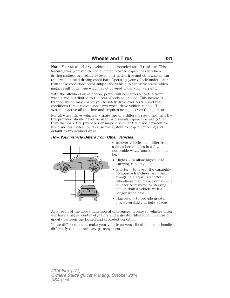 How your vehicle differs from other vehicles, Wheels and tires 331 | FORD 2015 Flex User Manual | Page 332 / 571