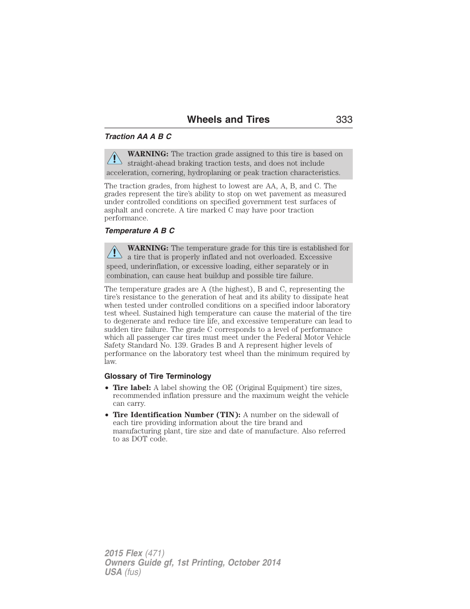 Traction aa a b c, Temperature a b c, Glossary of tire terminology | Wheels and tires 333 | FORD 2015 Flex User Manual | Page 334 / 571