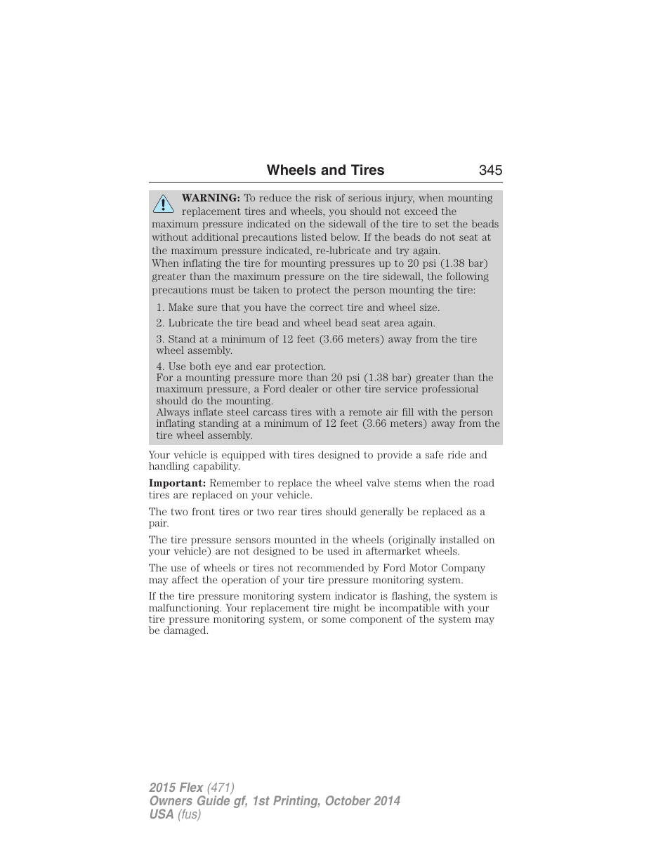 Wheels and tires 345 | FORD 2015 Flex User Manual | Page 346 / 571