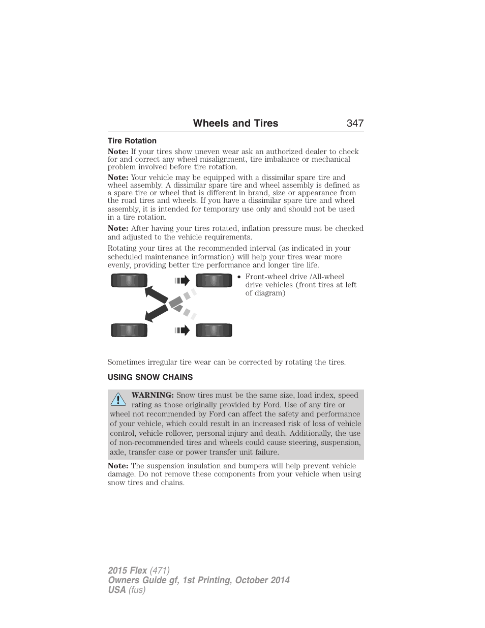 Tire rotation, Using snow chains, Wheels and tires 347 | FORD 2015 Flex User Manual | Page 348 / 571