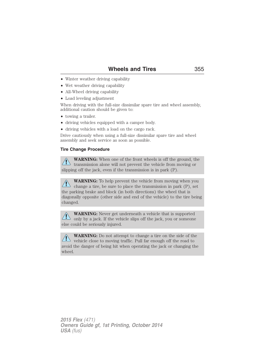 Tire change procedure, Wheels and tires 355 | FORD 2015 Flex User Manual | Page 356 / 571