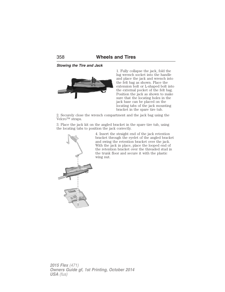 Stowing the tire and jack | FORD 2015 Flex User Manual | Page 359 / 571