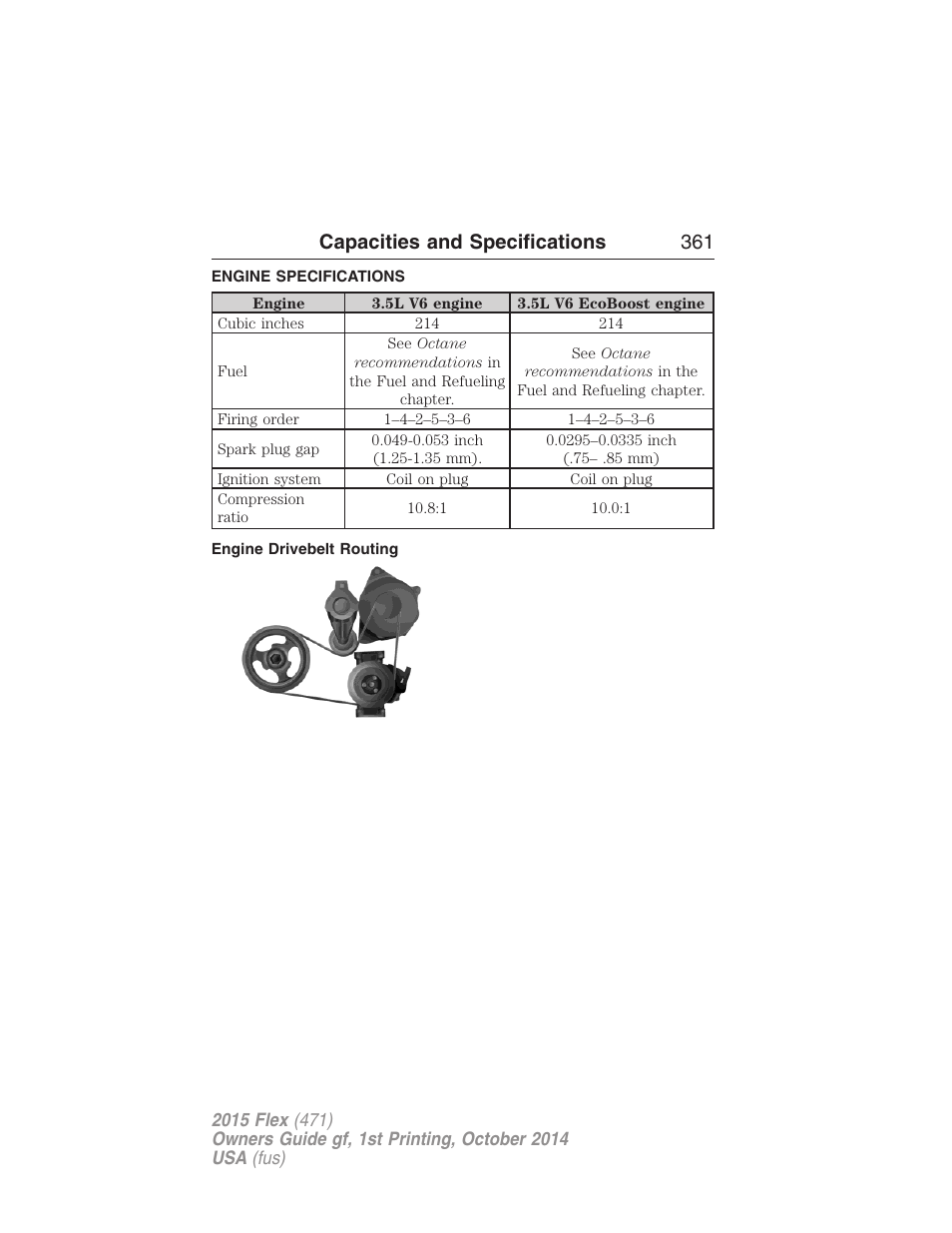 Capacities and specifications, Engine specifications, Engine drivebelt routing | Engine drivebelt, Capacities and specifications 361 | FORD 2015 Flex User Manual | Page 362 / 571
