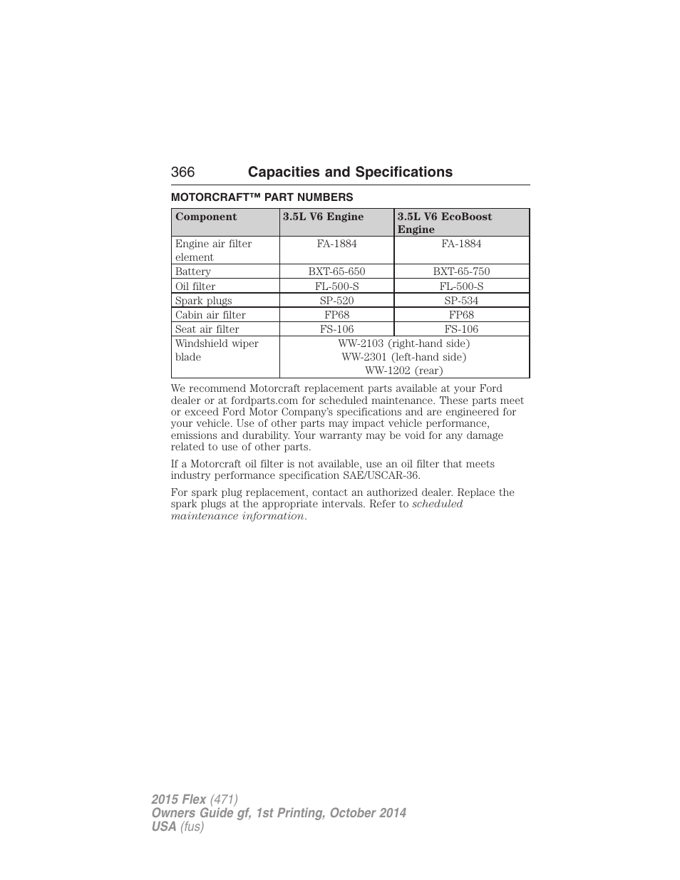 Motorcraft™ part numbers, Part numbers, 366 capacities and specifications | FORD 2015 Flex User Manual | Page 367 / 571