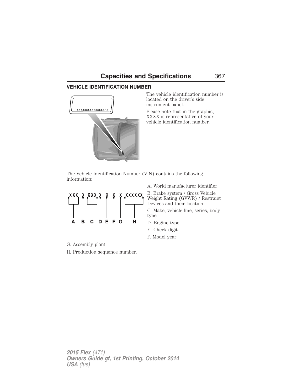 Vehicle identification number, Capacities and specifications 367 | FORD 2015 Flex User Manual | Page 368 / 571