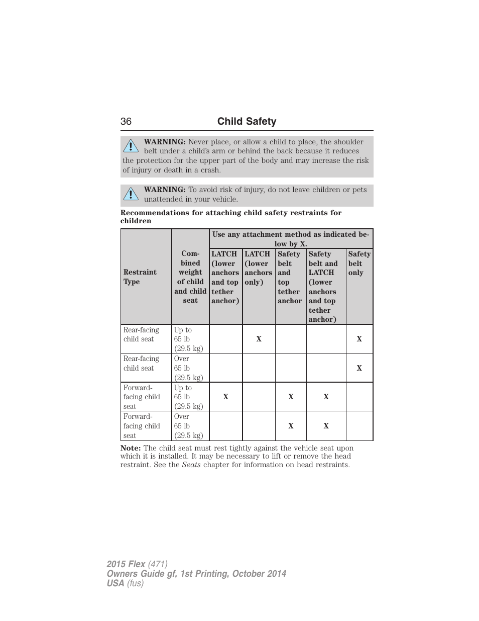 36 child safety | FORD 2015 Flex User Manual | Page 37 / 571