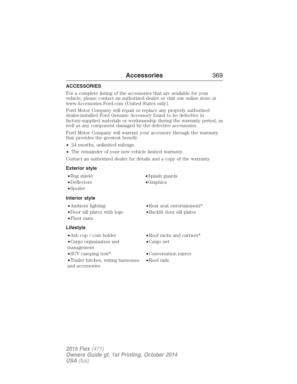 Accessories, Exterior style, Interior style | Lifestyle, Accessories 369 | FORD 2015 Flex User Manual | Page 370 / 571