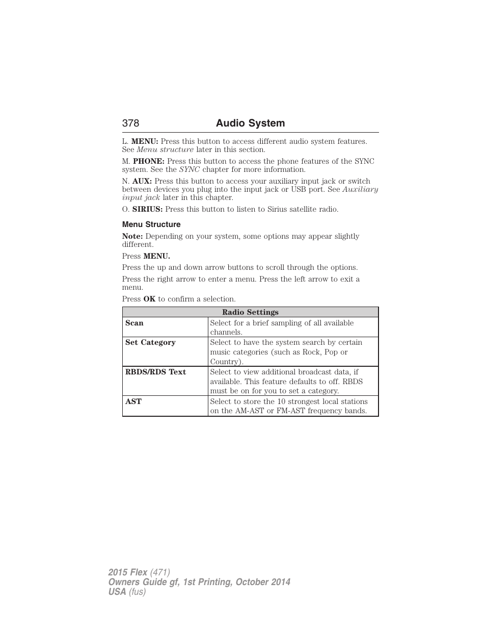 Menu structure, 378 audio system | FORD 2015 Flex User Manual | Page 379 / 571