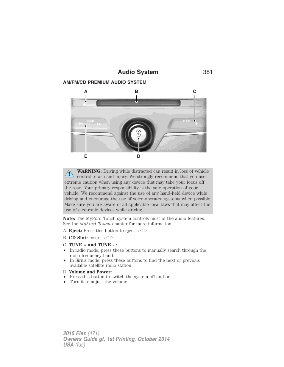 Am/fm/cd premium audio system, Audio system 381 | FORD 2015 Flex User Manual | Page 382 / 571