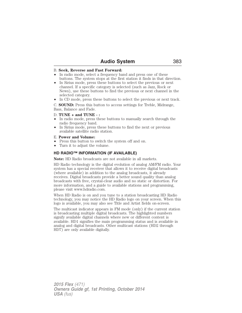 Hd radio™ information (if available), Audio system 383 | FORD 2015 Flex User Manual | Page 384 / 571