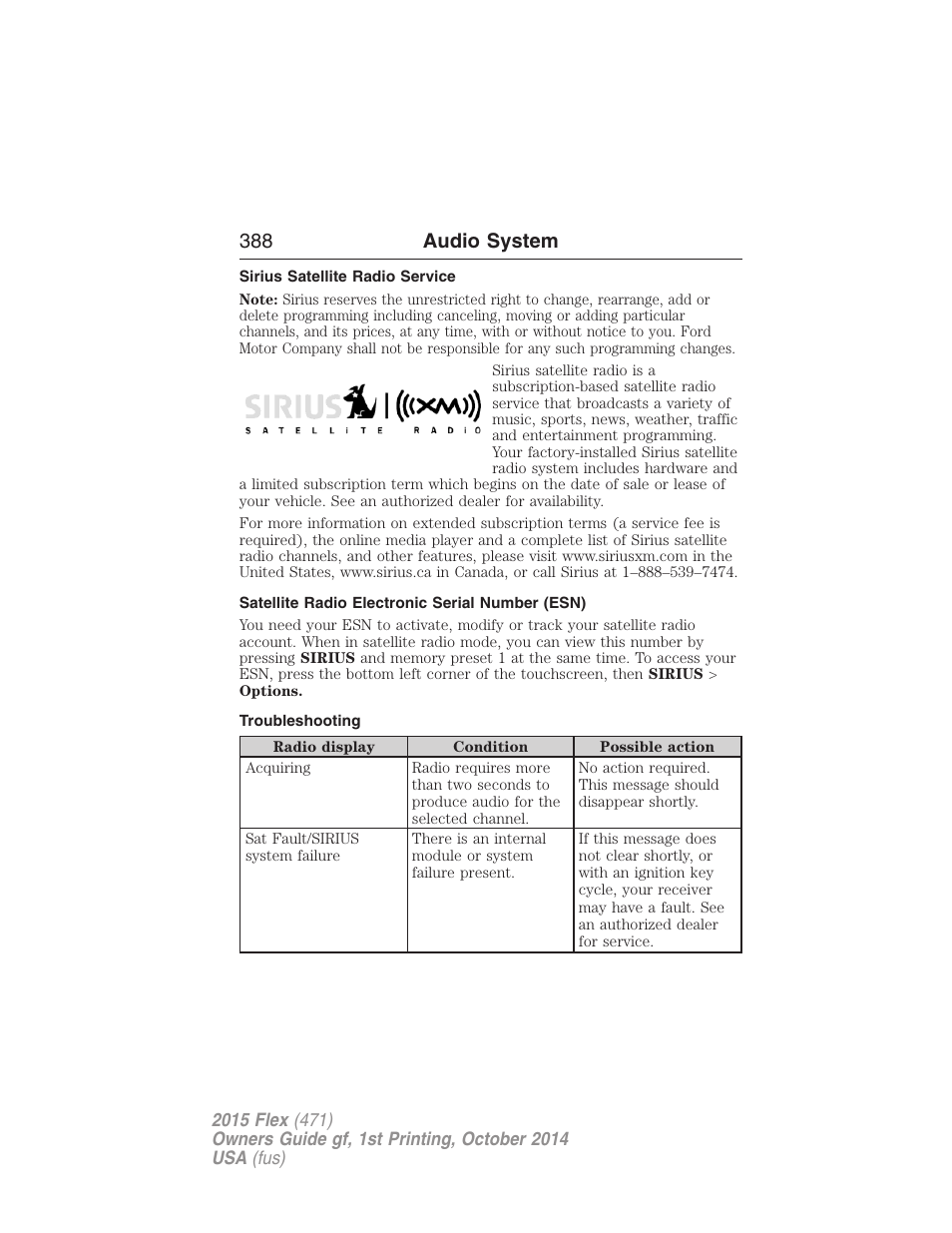 Sirius satellite radio service, Satellite radio electronic serial number (esn), Troubleshooting | 388 audio system | FORD 2015 Flex User Manual | Page 389 / 571