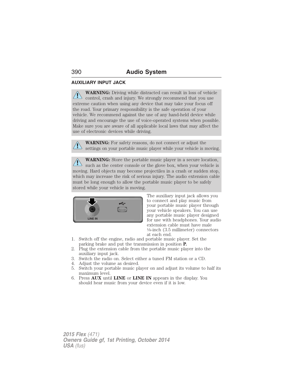 Auxiliary input jack, 390 audio system | FORD 2015 Flex User Manual | Page 391 / 571