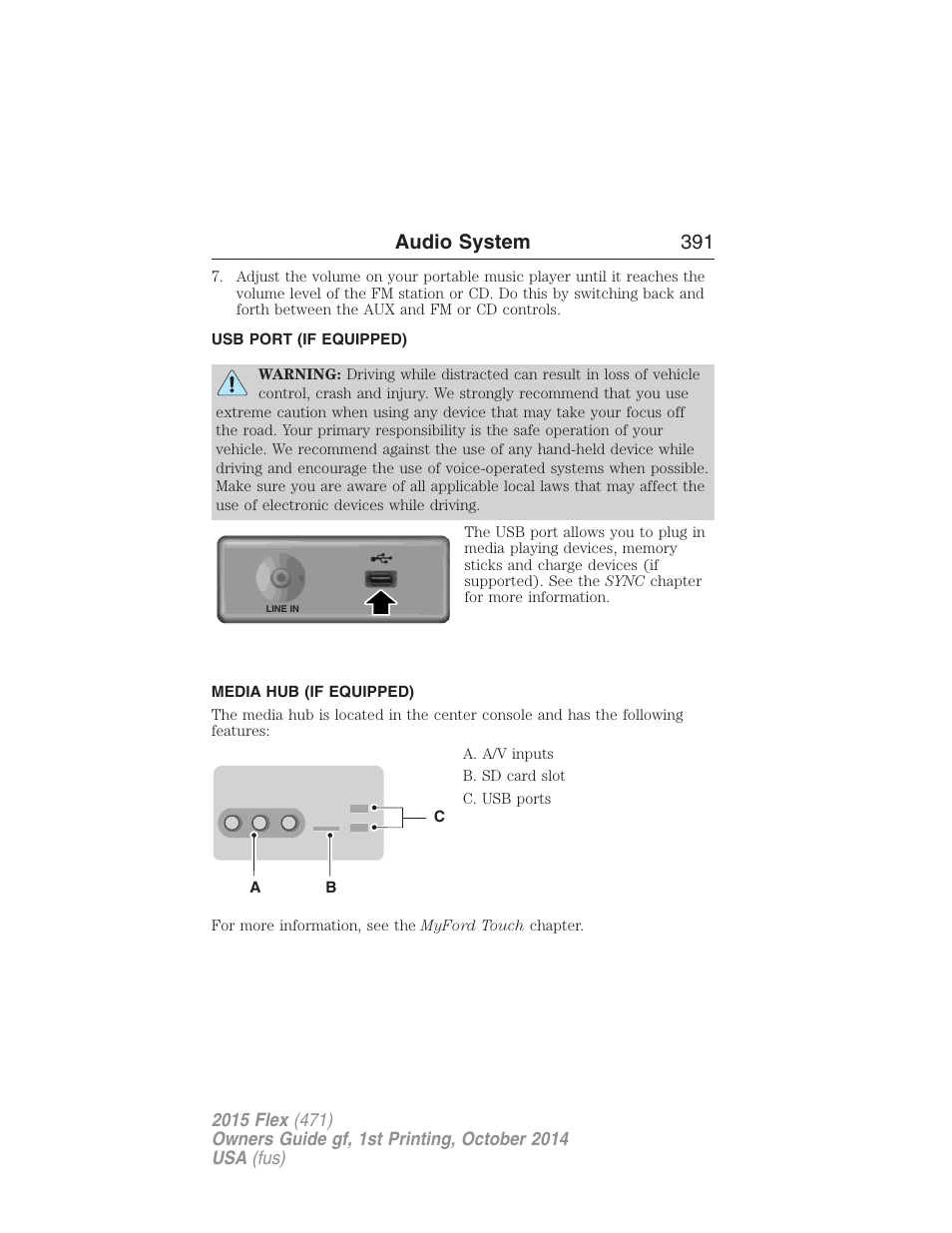 Usb port (if equipped), Media hub (if equipped), Usb port | Audio system 391 | FORD 2015 Flex User Manual | Page 392 / 571