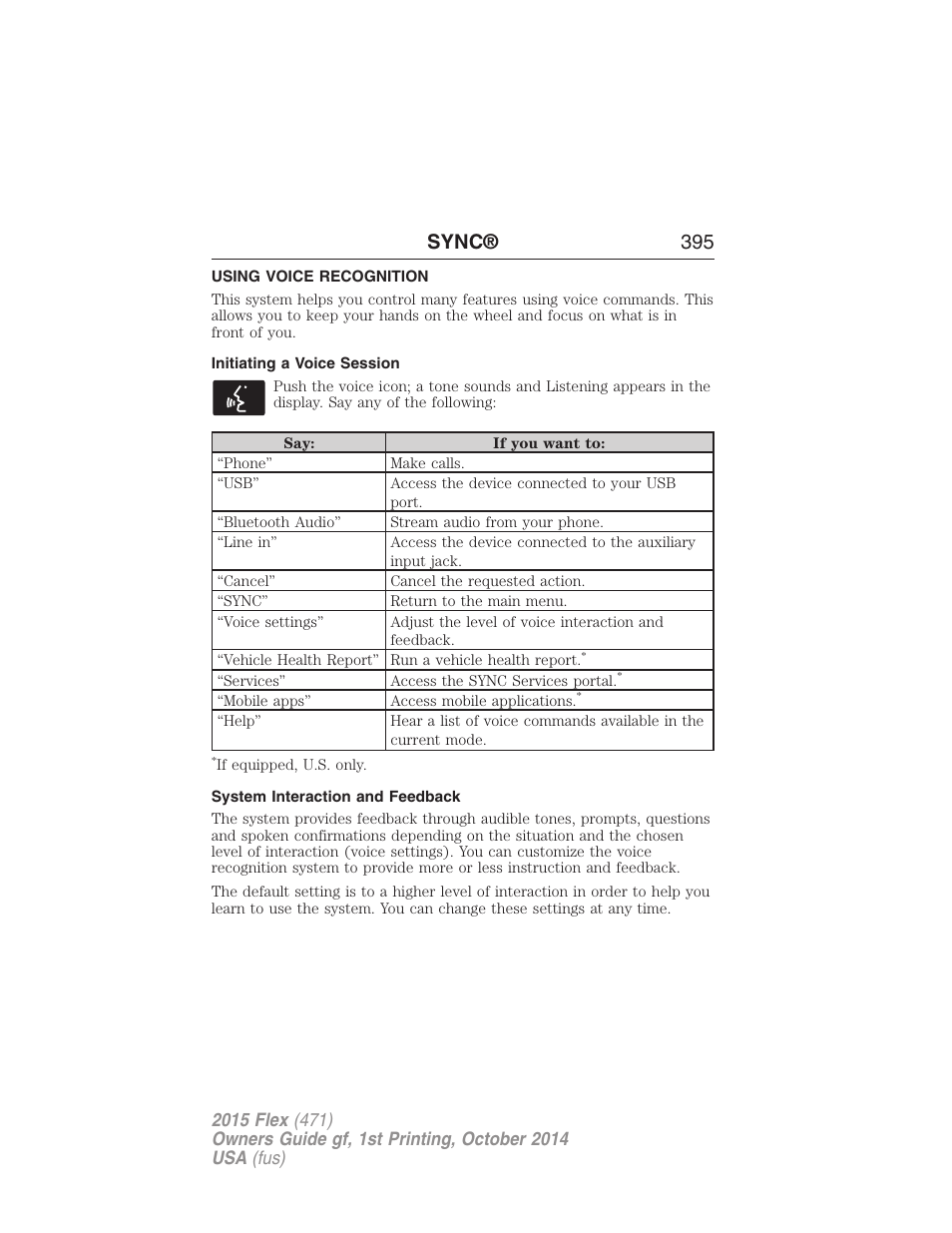 Using voice recognition, Initiating a voice session, System interaction and feedback | Sync® 395 | FORD 2015 Flex User Manual | Page 396 / 571
