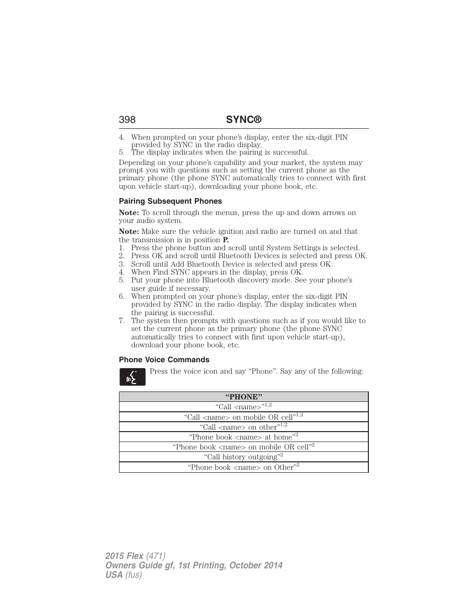Pairing subsequent phones, Phone voice commands, 398 sync | FORD 2015 Flex User Manual | Page 399 / 571