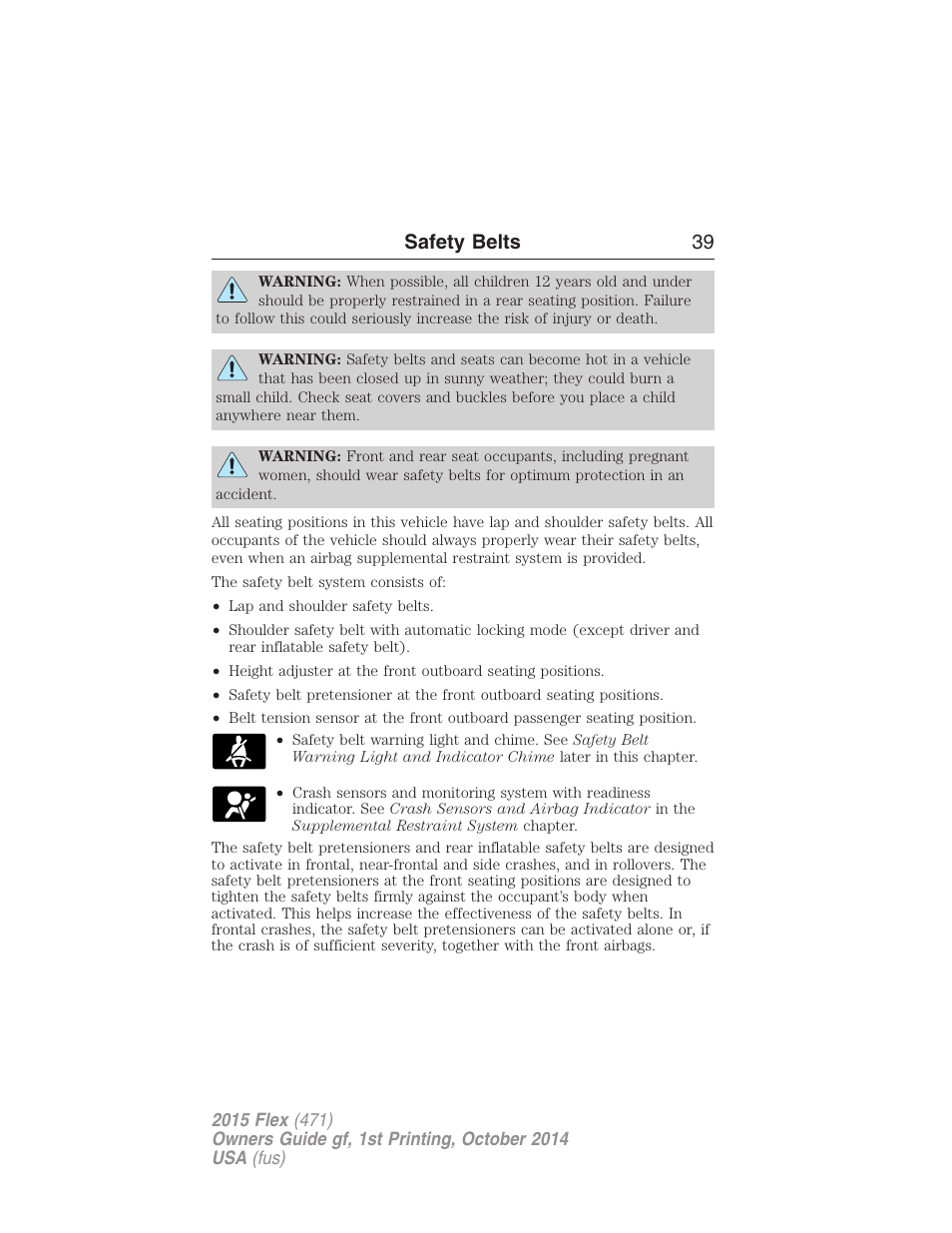 Safety belts 39 | FORD 2015 Flex User Manual | Page 40 / 571