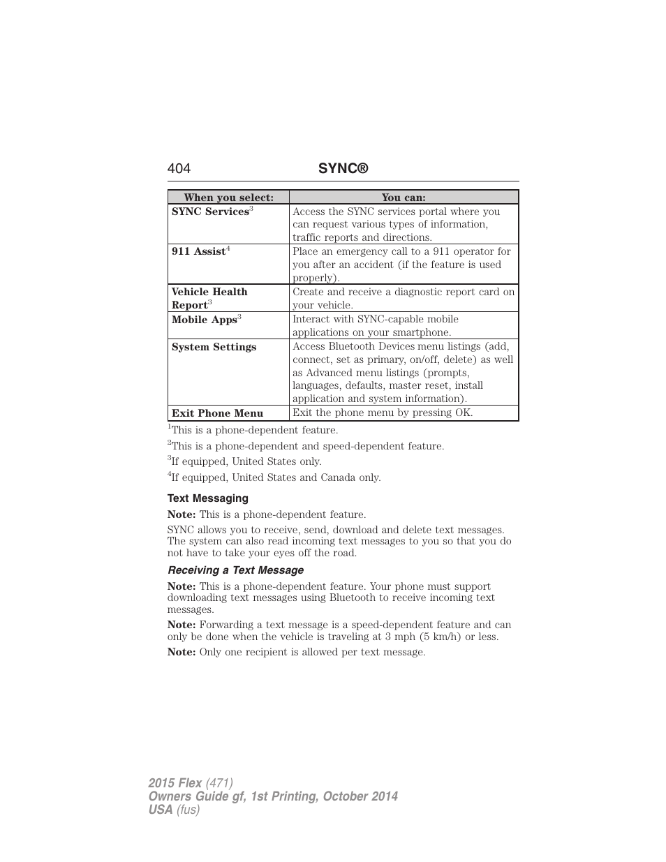 Text messaging, Receiving a text message, 404 sync | FORD 2015 Flex User Manual | Page 405 / 571