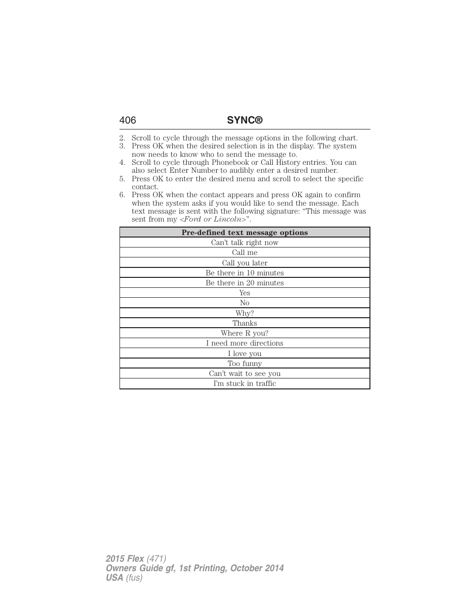 406 sync | FORD 2015 Flex User Manual | Page 407 / 571
