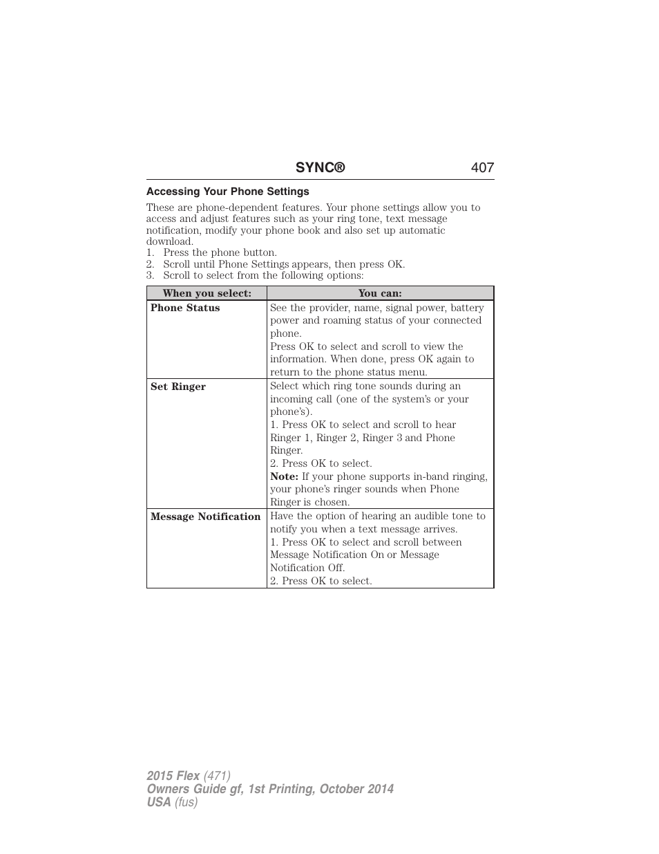 Accessing your phone settings, Sync® 407 | FORD 2015 Flex User Manual | Page 408 / 571