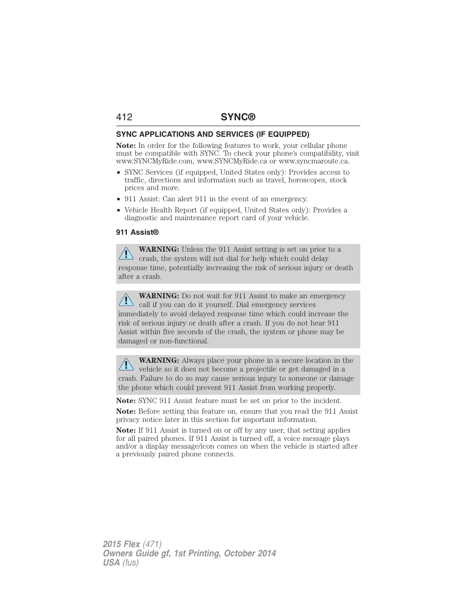 Sync applications and services (if equipped), 911 assist, 412 sync | FORD 2015 Flex User Manual | Page 413 / 571