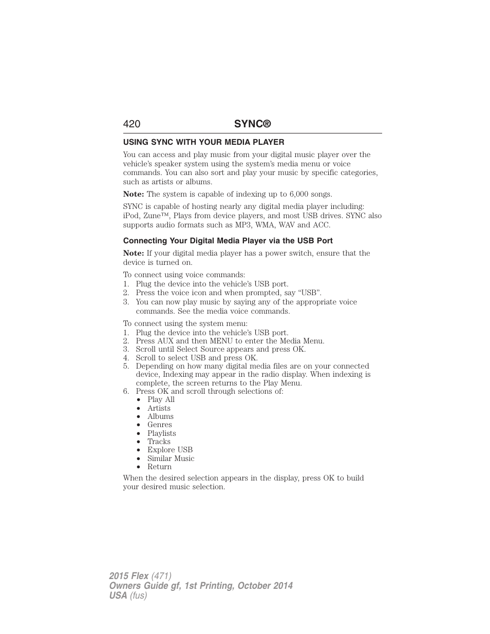 Using sync with your media player, 420 sync | FORD 2015 Flex User Manual | Page 421 / 571