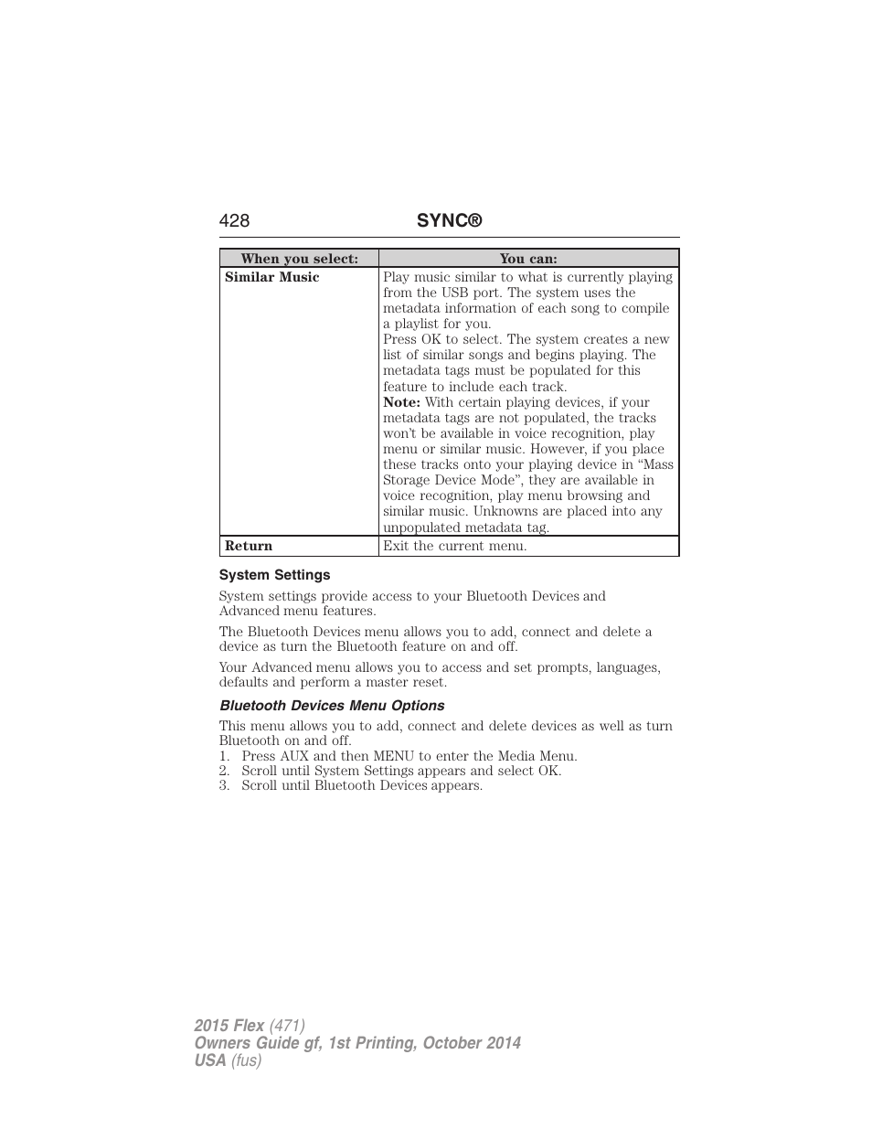 System settings, Bluetooth devices menu options, 428 sync | FORD 2015 Flex User Manual | Page 429 / 571