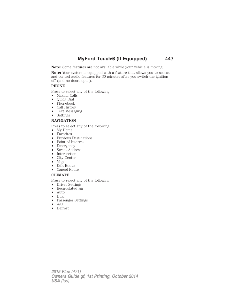 Myford touch® (if equipped) 443 | FORD 2015 Flex User Manual | Page 444 / 571