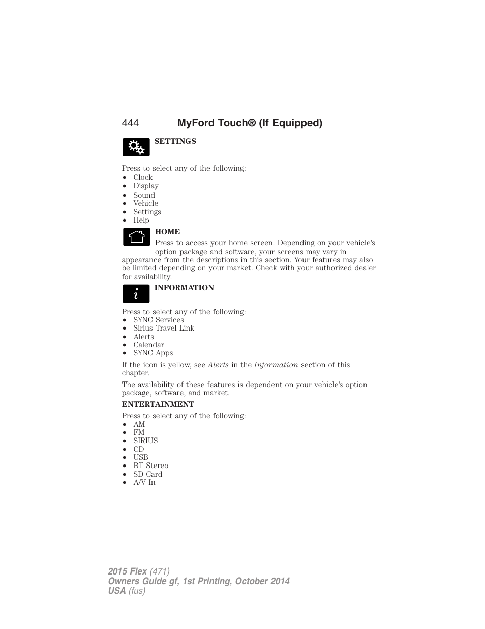 444 myford touch® (if equipped) | FORD 2015 Flex User Manual | Page 445 / 571