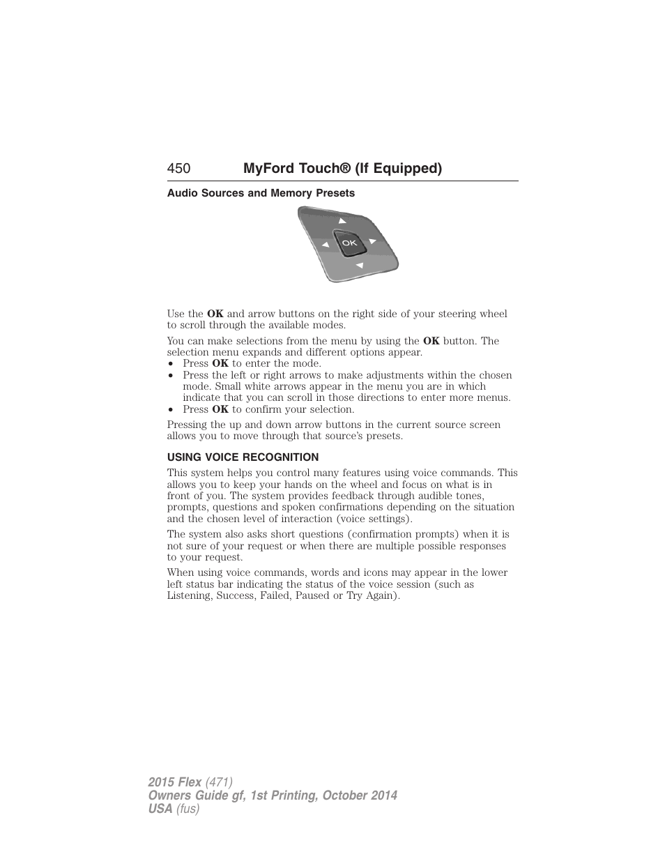 Audio sources and memory presets, Using voice recognition, Voice recognition | 450 myford touch® (if equipped) | FORD 2015 Flex User Manual | Page 451 / 571