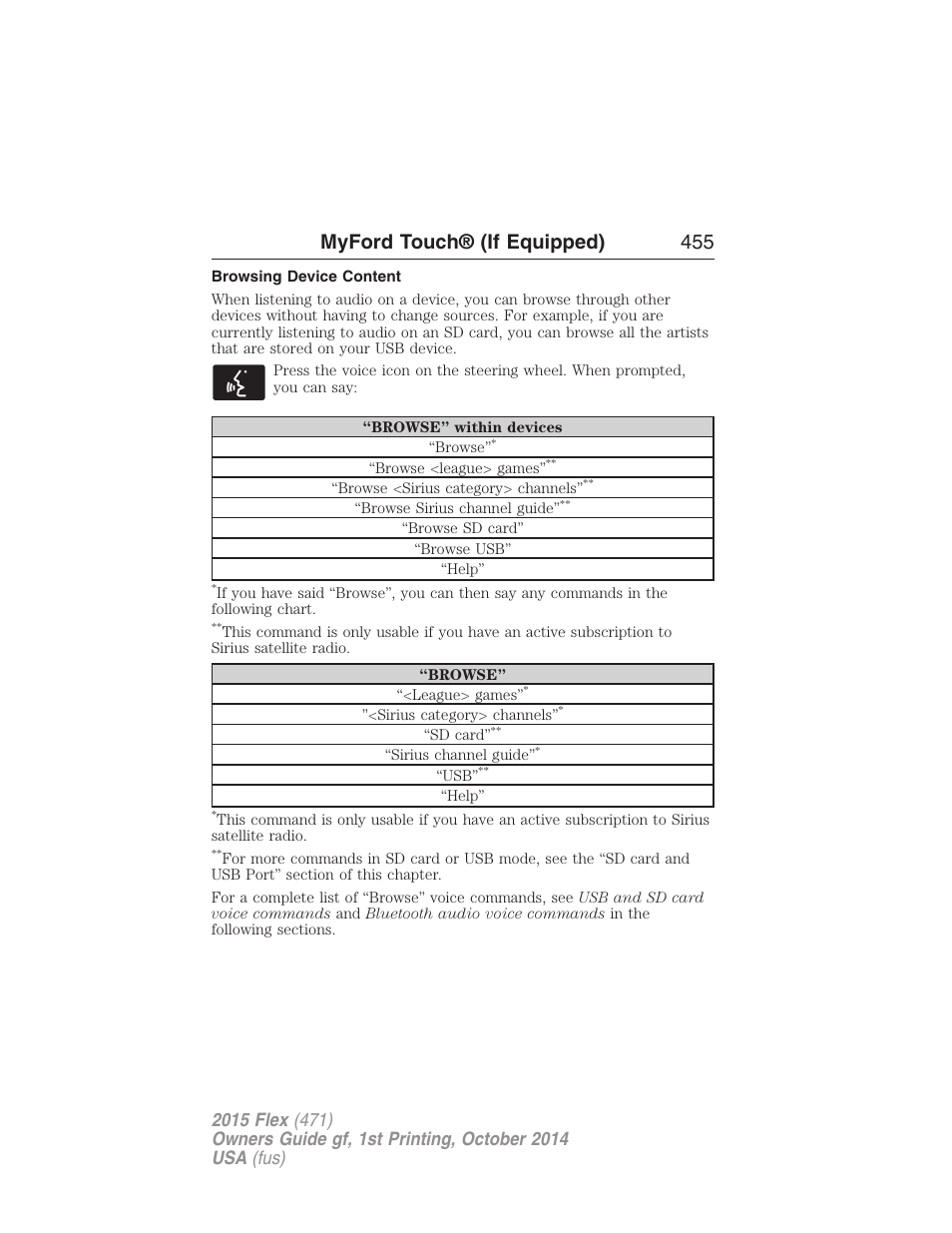 Browsing device content, Myford touch® (if equipped) 455 | FORD 2015 Flex User Manual | Page 456 / 571