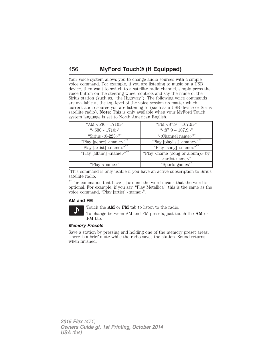 Am and fm, Memory presets, 456 myford touch® (if equipped) | FORD 2015 Flex User Manual | Page 457 / 571