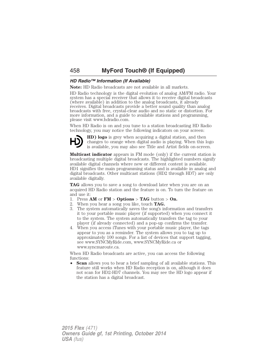Hd radio™ information (if available), 458 myford touch® (if equipped) | FORD 2015 Flex User Manual | Page 459 / 571