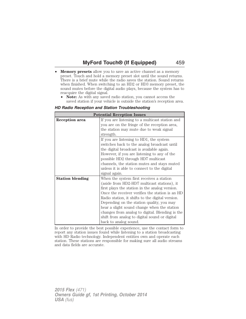 Hd radio reception and station troubleshooting, Myford touch® (if equipped) 459 | FORD 2015 Flex User Manual | Page 460 / 571
