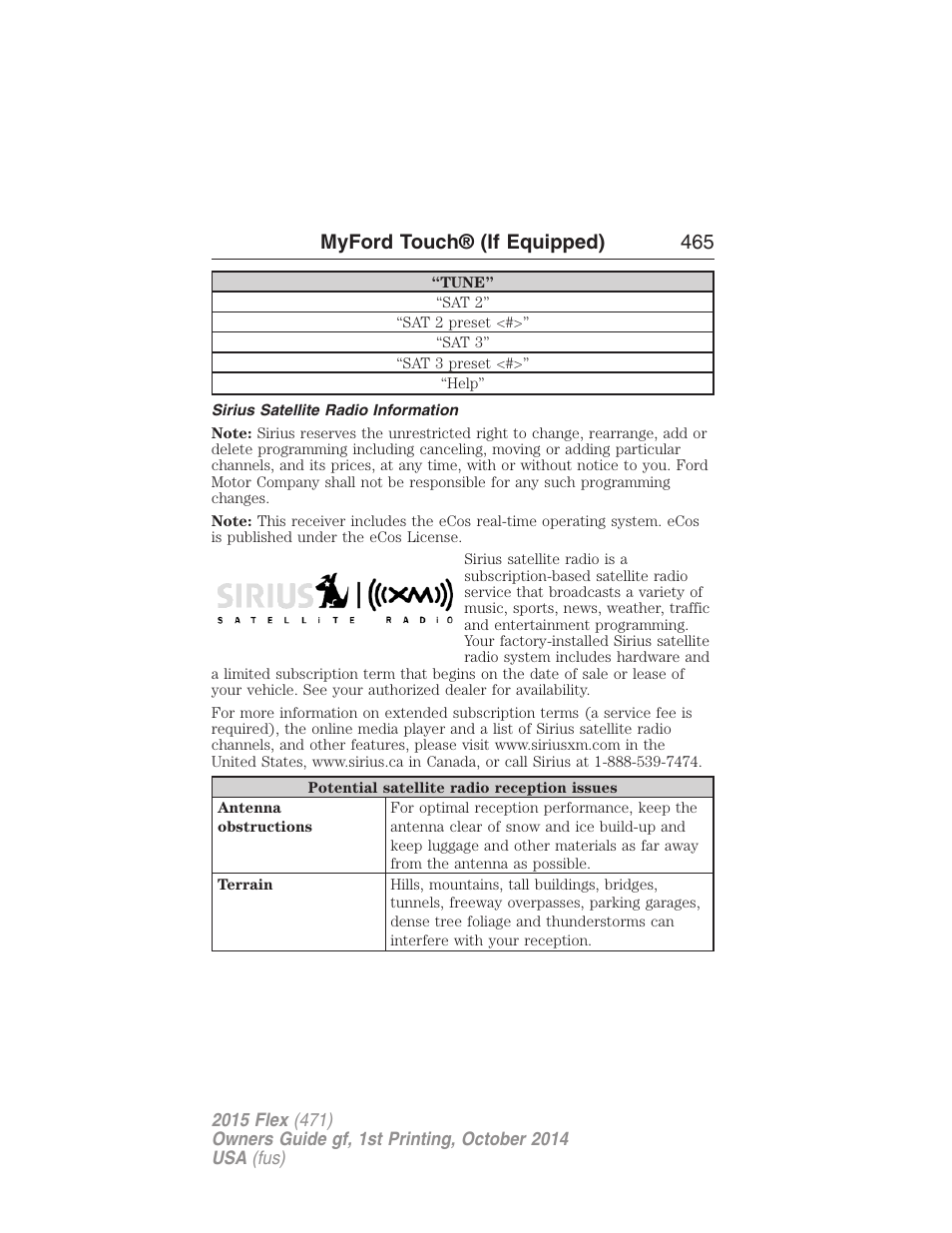 Sirius satellite radio information, Myford touch® (if equipped) 465 | FORD 2015 Flex User Manual | Page 466 / 571
