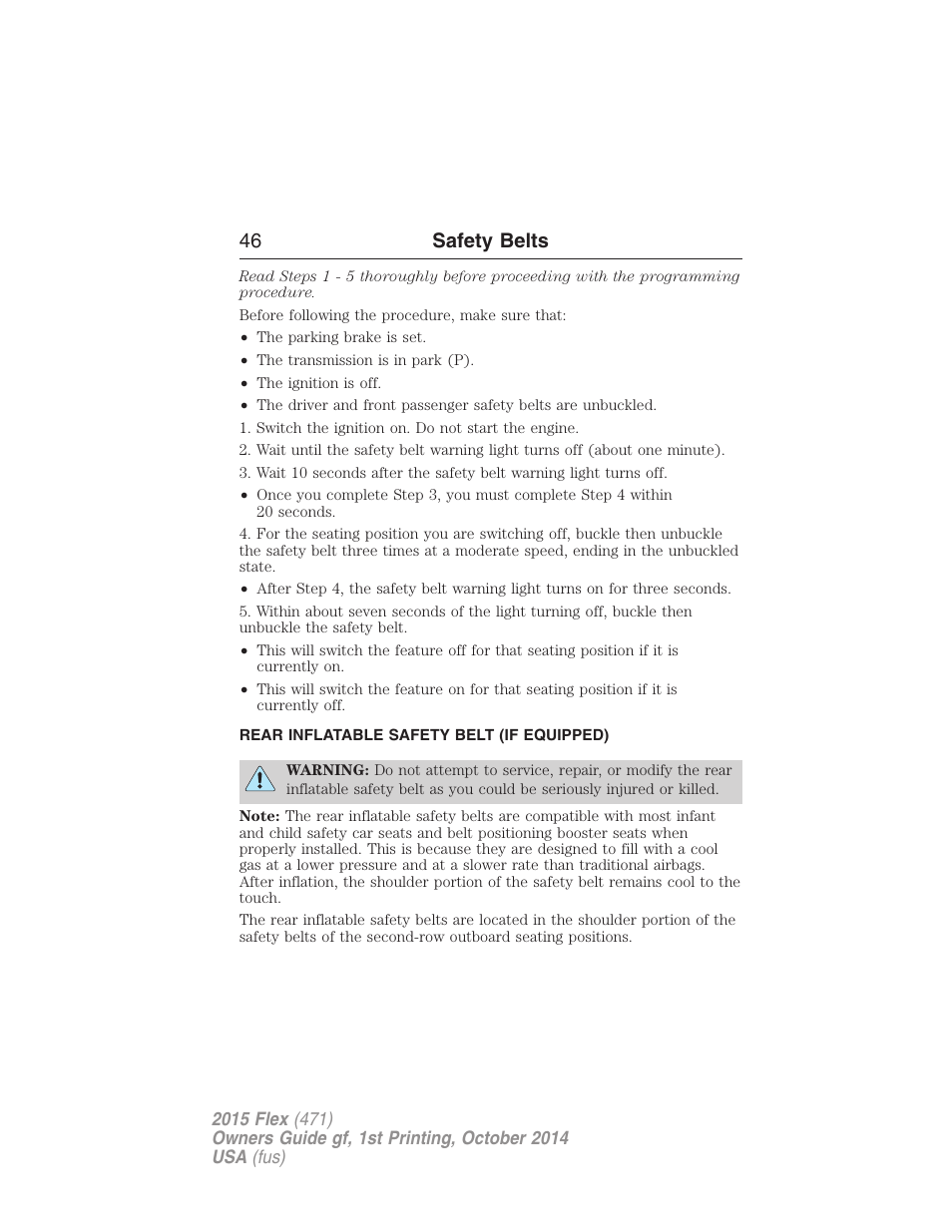 Rear inflatable safety belt (if equipped), Rear inflatable safety belt, 46 safety belts | FORD 2015 Flex User Manual | Page 47 / 571